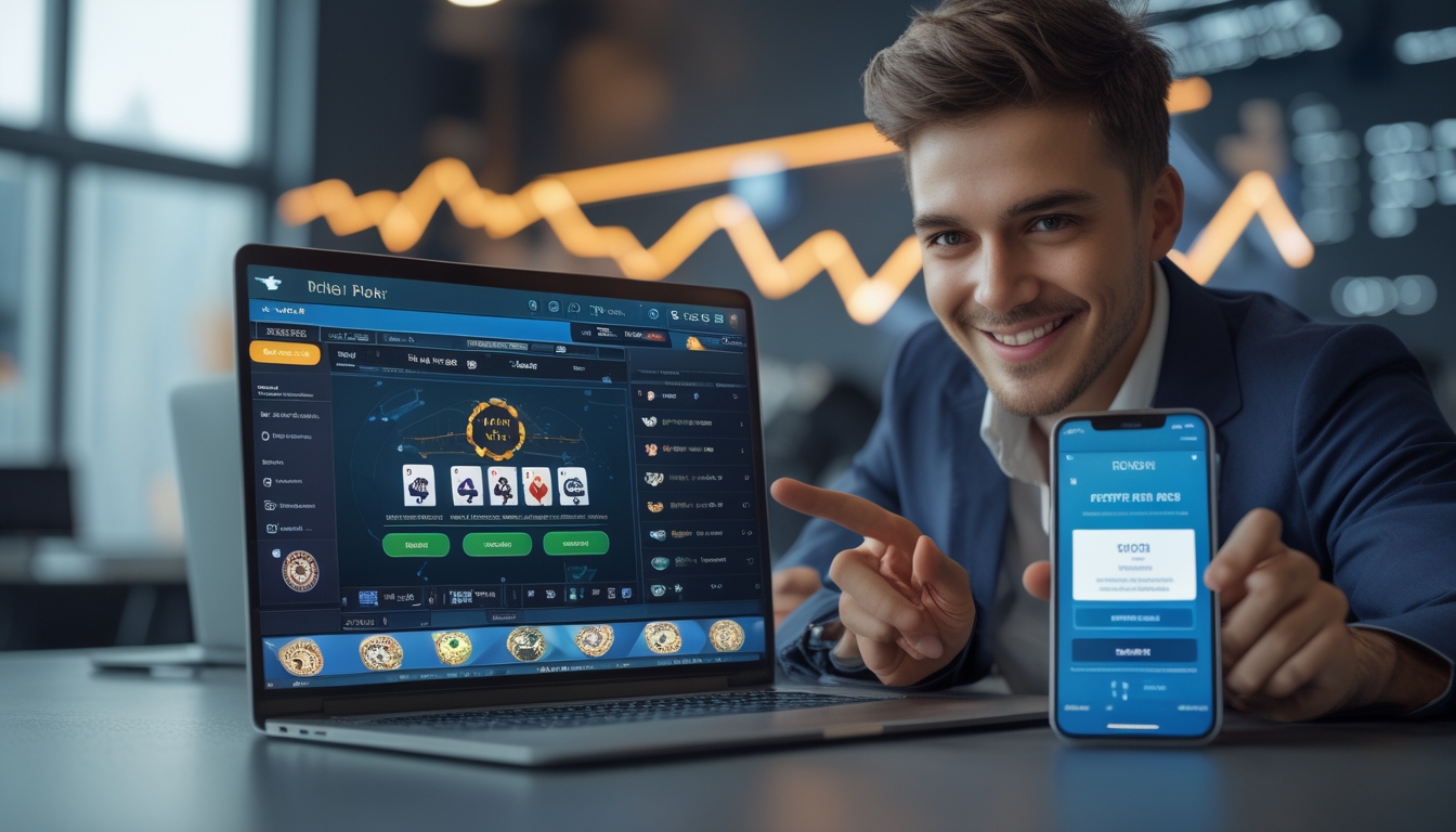 Seorang profesional muda menggunakan laptop dan ponsel yang menampilkan permainan poker dan notifikasi bonus referral di meja kerja modern.