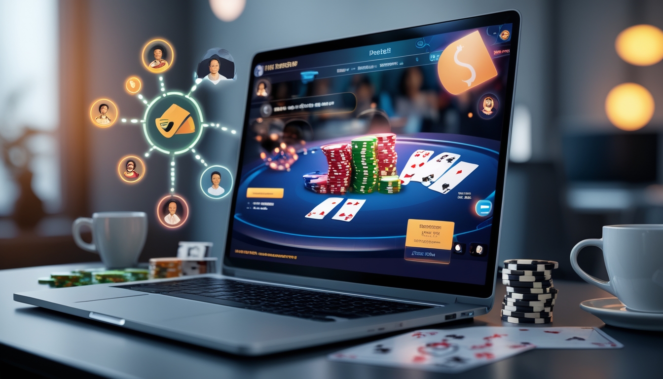 Seorang pemain duduk di depan laptop yang menampilkan permainan poker online dengan chip dan kartu, di meja kerja yang rapi dan terang.