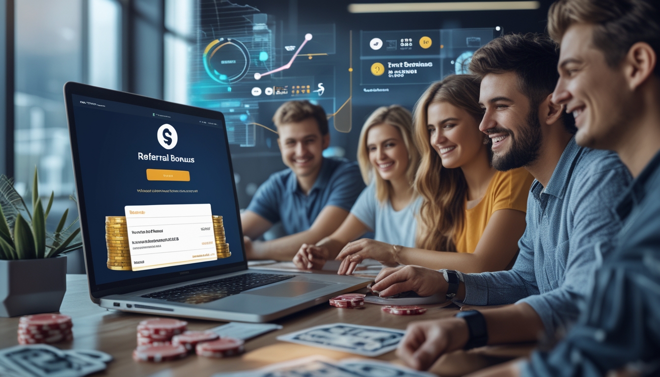 Sekelompok orang muda tersenyum di sekitar laptop dengan kartu poker dan chip, menunjukkan suasana bermain poker online dan bonus referral.