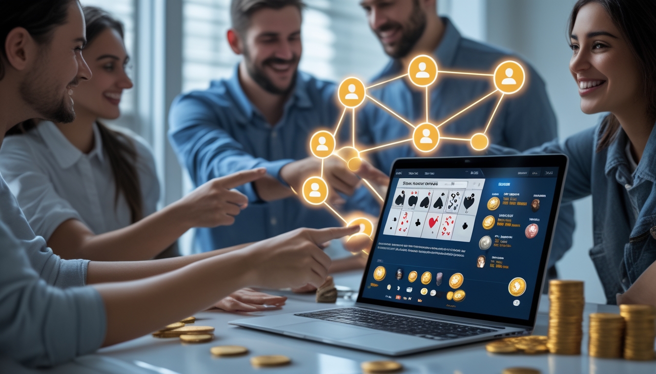 Orang-orang sedang bekerja bersama di depan laptop yang menampilkan permainan poker online dengan simbol bonus dan jaringan referral di latar belakang.