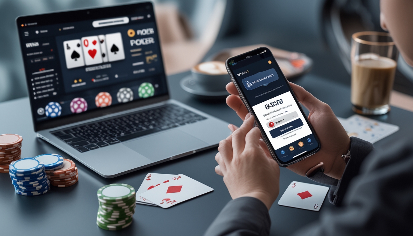 Meja kerja dengan laptop yang menampilkan permainan poker online dan tangan yang memegang ponsel dengan notifikasi bonus referral, disertai chip poker dan kartu remi.