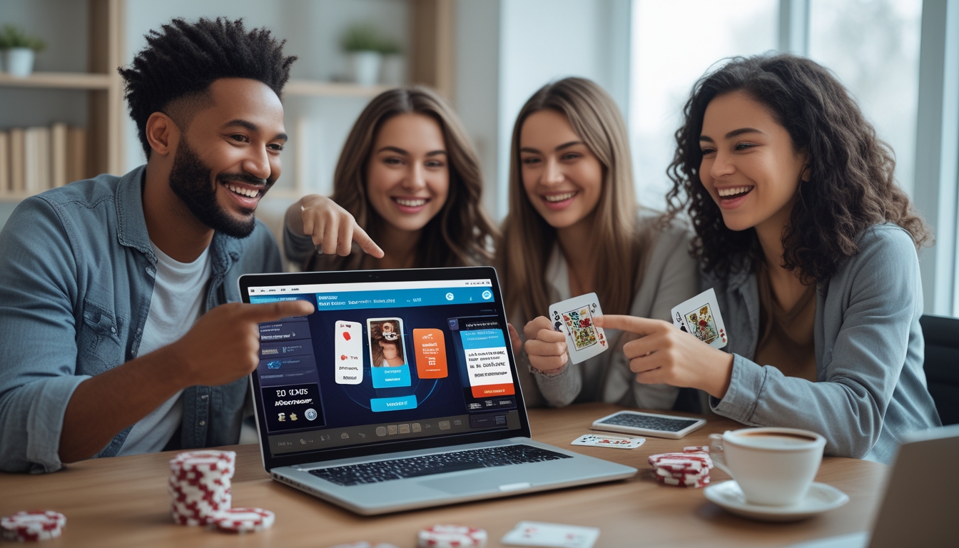 Tiga teman sedang berkumpul di meja dengan laptop yang menampilkan permainan poker online, terlihat senang dan bersemangat sambil menunjuk layar dan memegang kartu remi.