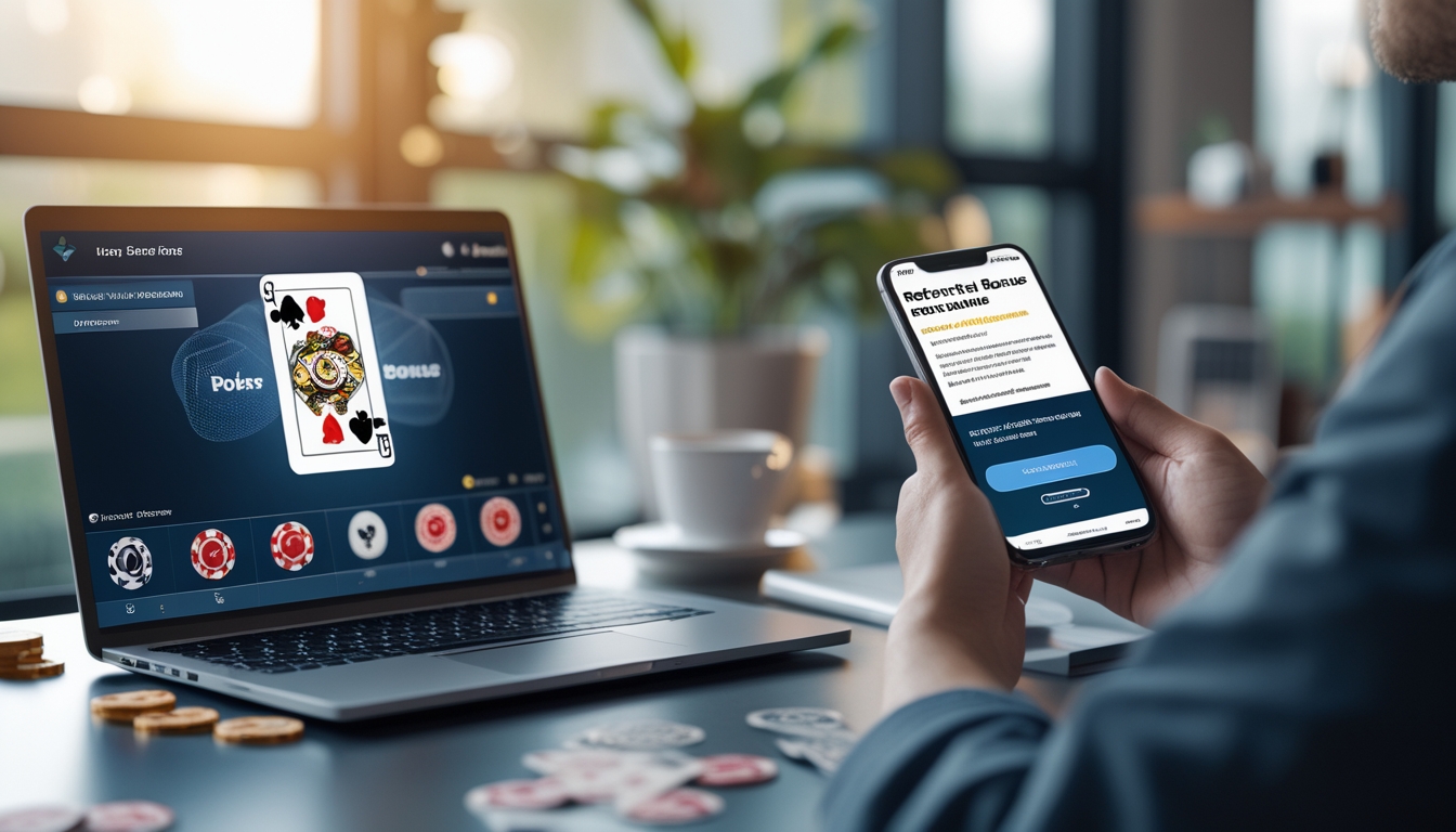 Seseorang menggunakan laptop dan ponsel untuk mengakses permainan poker online dengan simbol bonus referral di sekitarnya.