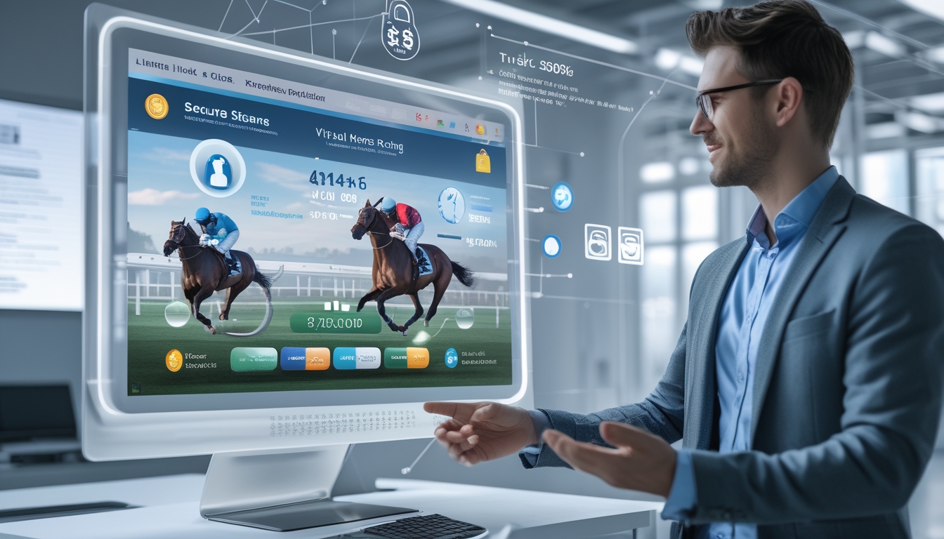 Seseorang menggunakan layar sentuh digital yang menampilkan grafik balap kuda virtual dengan ikon pembayaran cepat dan keamanan di kantor modern.