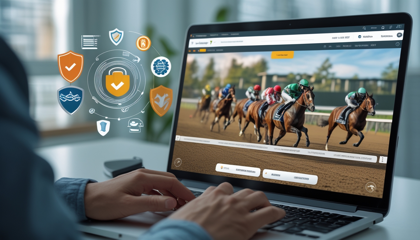 Seseorang menggunakan komputer dengan layar menampilkan balap kuda virtual, dikelilingi ikon keamanan digital seperti gembok dan perisai.