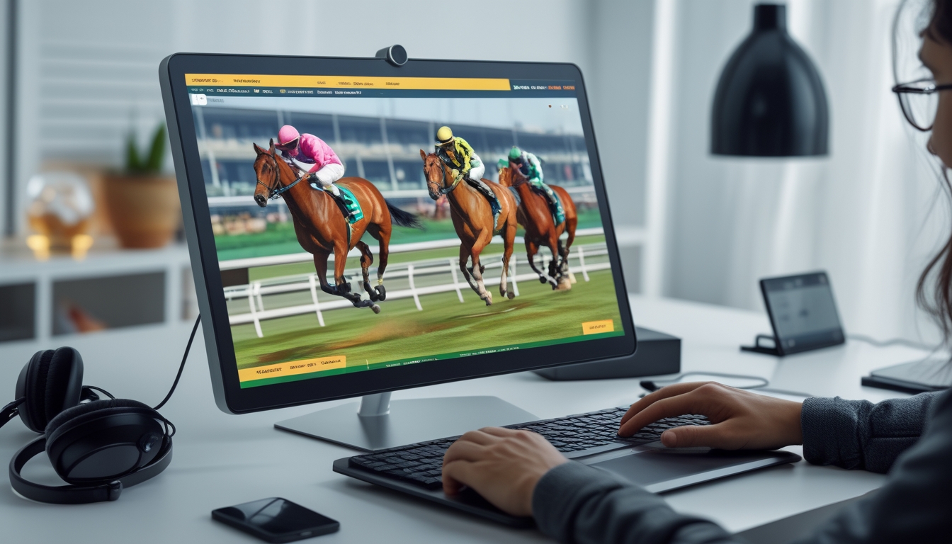 Seorang pemain menggunakan komputer yang menampilkan balapan kuda virtual dengan beberapa kuda berlari di lintasan digital.