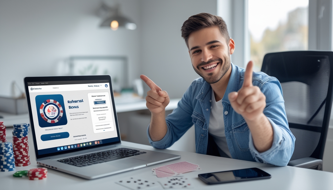 Seorang dewasa muda duduk di meja dengan laptop yang menampilkan permainan poker online, dikelilingi chip poker dan kartu, tersenyum sambil menunjuk layar.