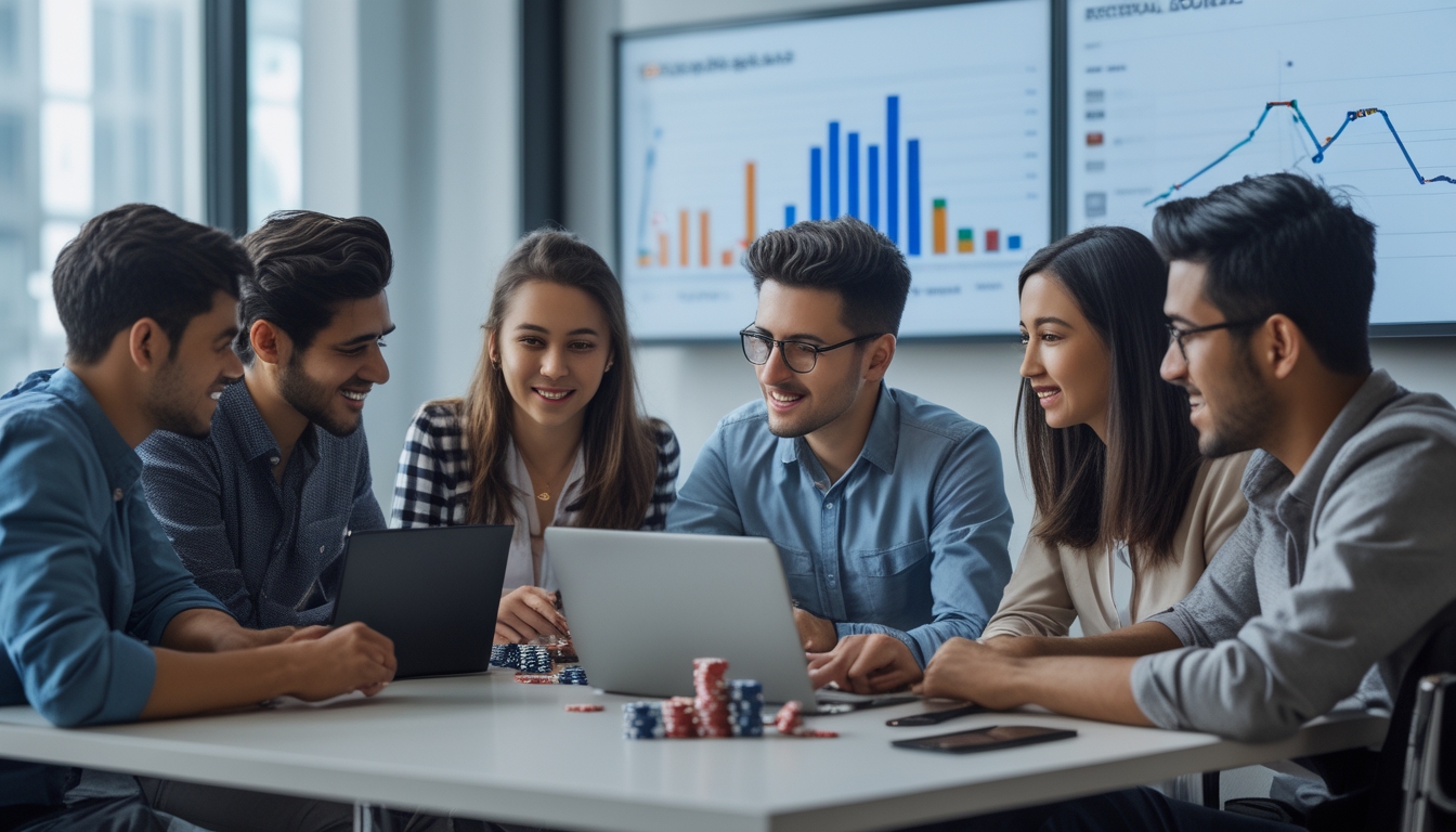 Sekelompok orang muda sedang berdiskusi bersama di meja dengan laptop, smartphone, dan perlengkapan poker di kantor modern.