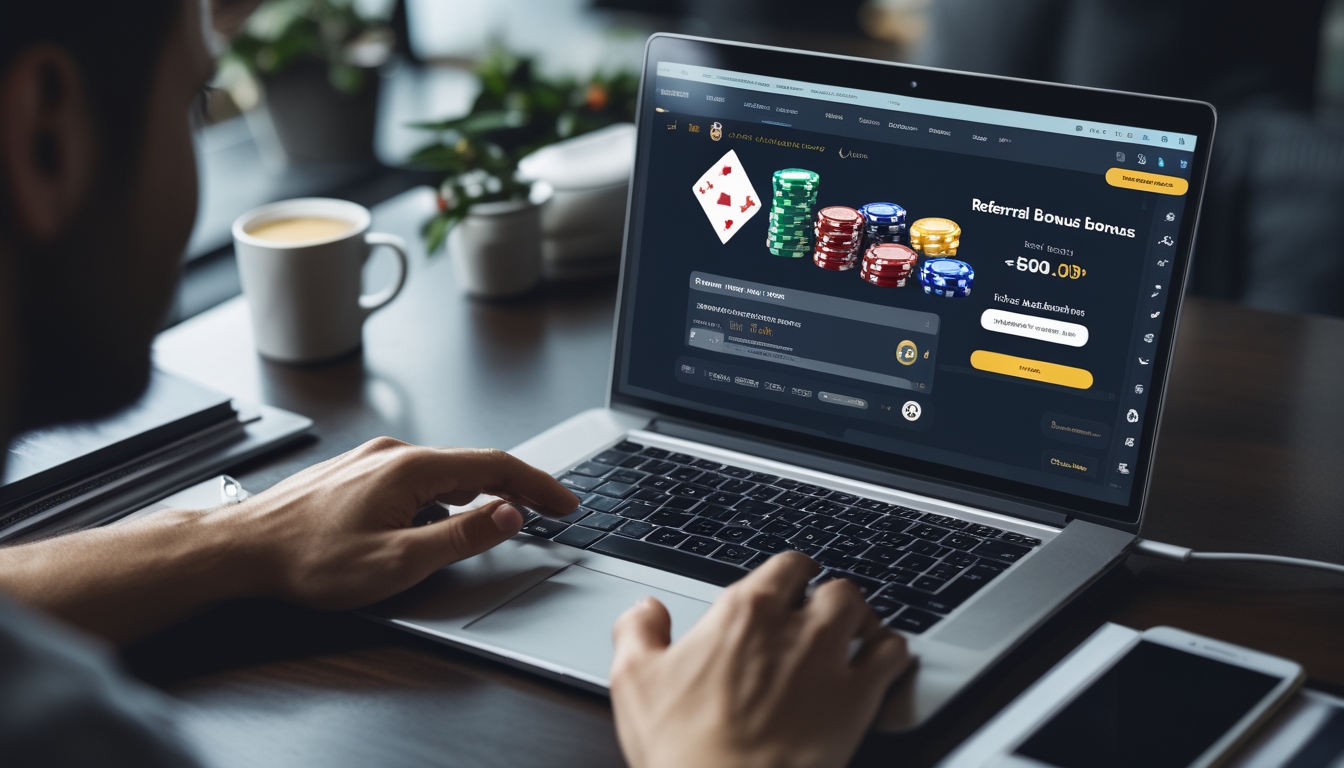 Seorang pengguna laptop sedang bermain poker online dengan chip dan kartu di layar, dikelilingi alat kerja seperti smartphone dan buku catatan di meja.