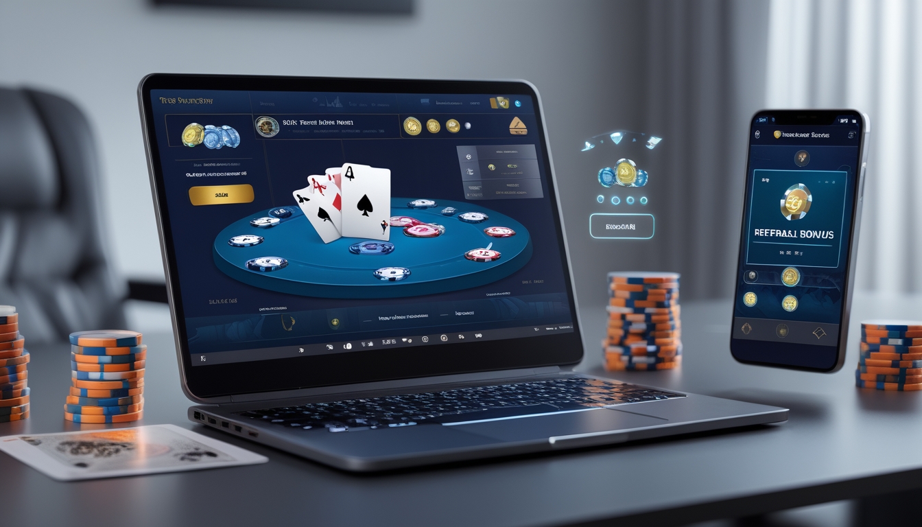 Seorang pemain poker menggunakan laptop dan ponsel di meja dengan tumpukan chip poker dan kartu bermain.