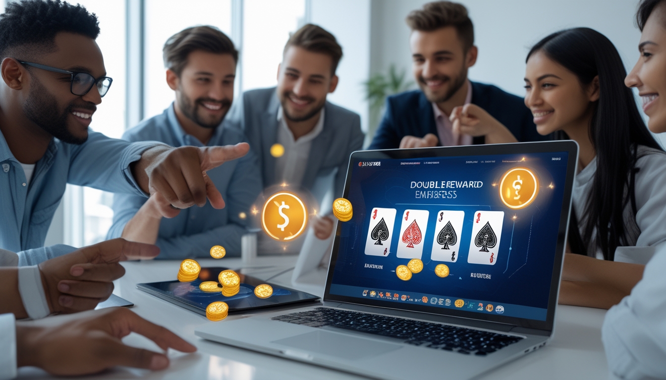 Beberapa orang sedang berdiskusi di depan laptop yang menampilkan situs poker online dengan kartu dan chip poker.