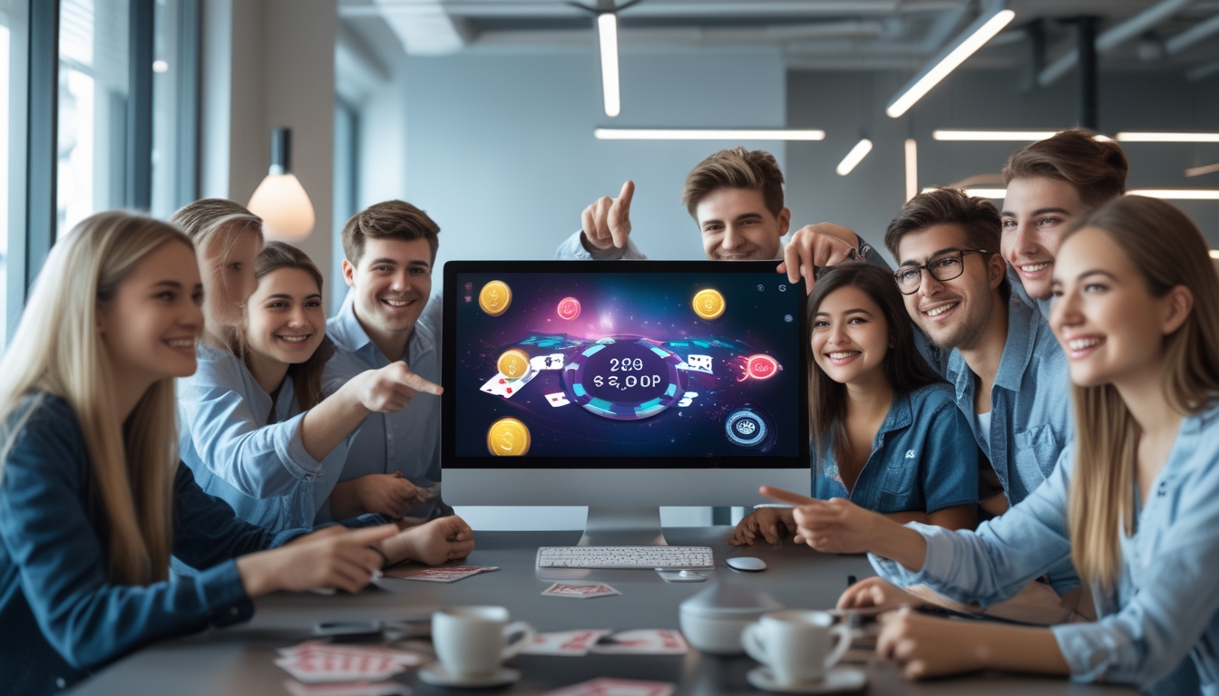 Sekelompok orang muda sedang berkumpul di sekitar meja dengan komputer yang menampilkan permainan poker online, terlihat bahagia dan antusias.