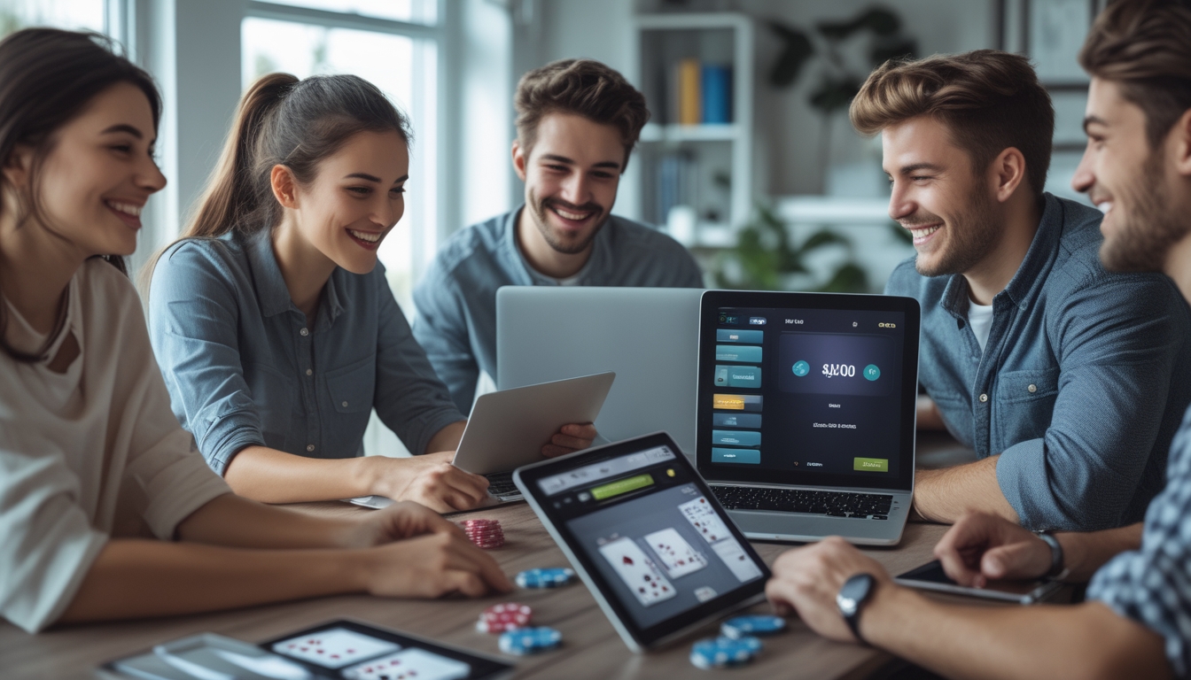 Sekelompok orang muda sedang bermain poker online bersama di ruang kerja dengan laptop dan tablet.