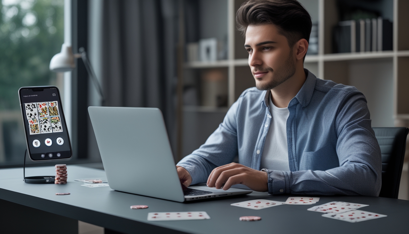 Seorang pria muda duduk di meja dengan laptop, bermain poker online di ruangan kantor rumah yang terang dan rapi.