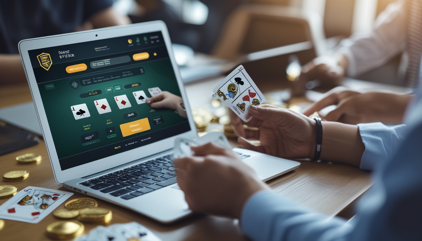 Meja kerja dengan laptop menampilkan permainan poker online dan tangan pemain memegang kartu dan chip poker.