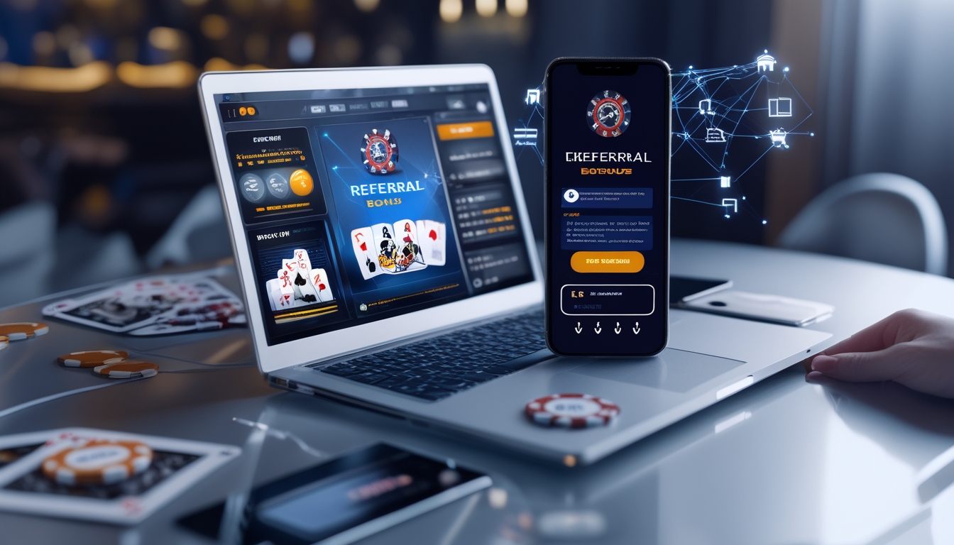 Seorang pemain poker online menggunakan laptop dan ponsel di meja kerja dengan kartu remi dan chip poker di sekitar.