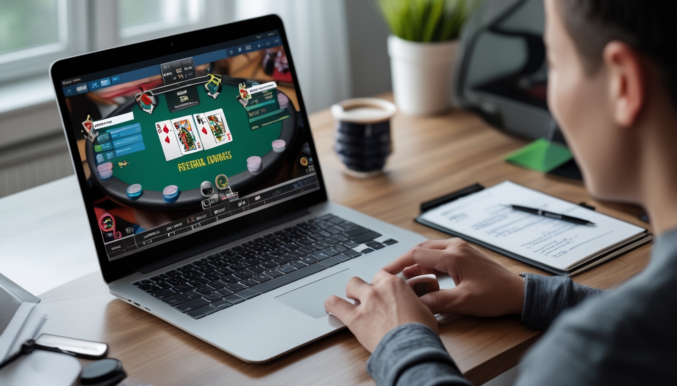 Seorang individu sedang menggunakan laptop dan ponsel di meja kerja dengan permainan poker online di layar dan notifikasi bonus referral terlihat di ponsel.