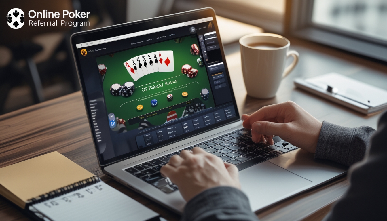 Seorang individu sedang menggunakan laptop dan ponsel di meja kerja dengan tampilan permainan poker online dan notifikasi bonus referral.