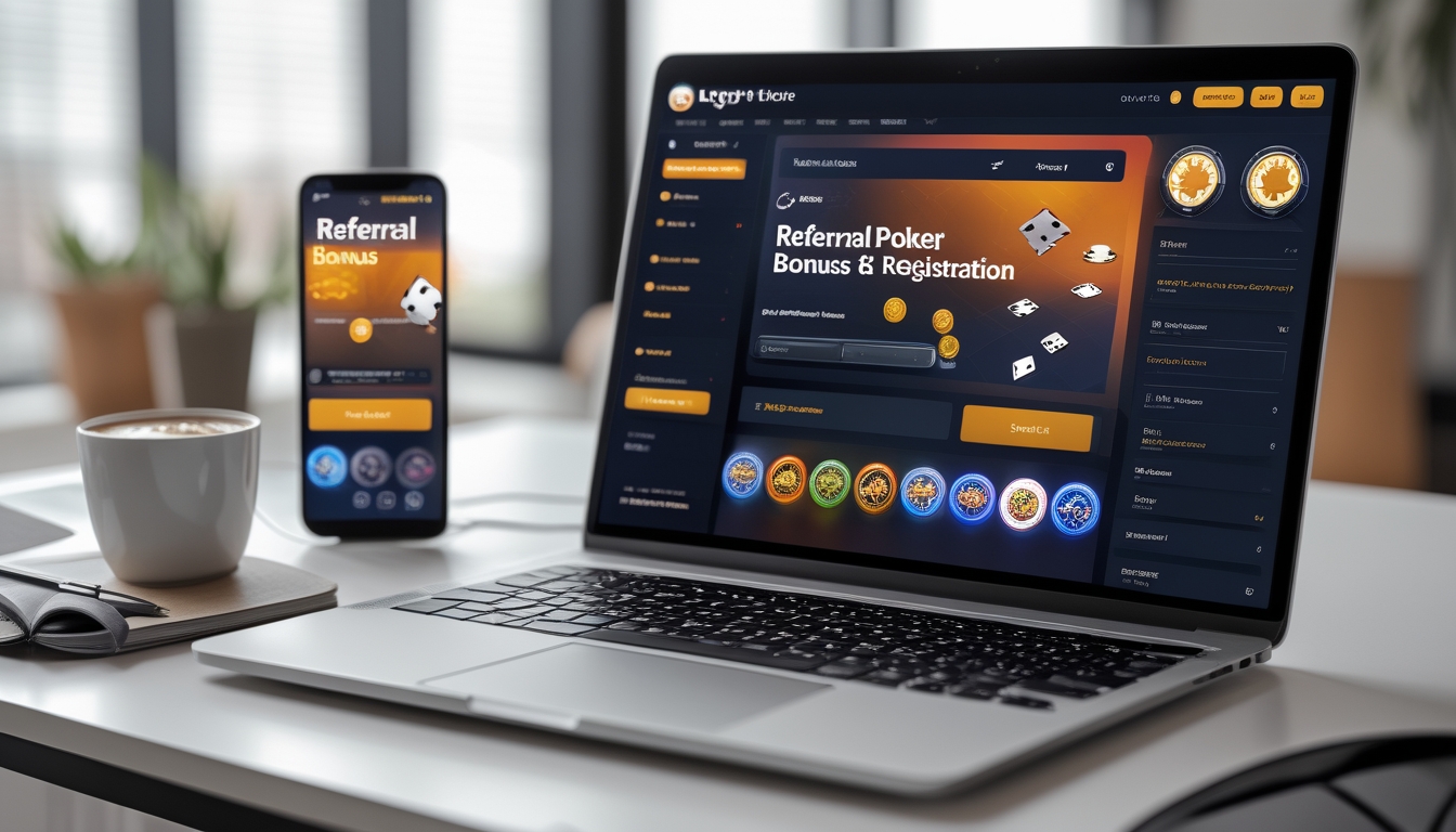 Seorang pria menggunakan laptop dan ponsel di meja kerja yang menampilkan permainan poker online dan program bonus referral.