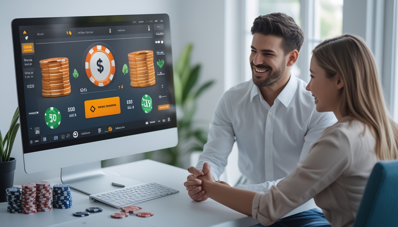 Dua orang dewasa muda sedang berjabat tangan di depan komputer yang menampilkan permainan poker online dengan simbol bonus referral di layar.
