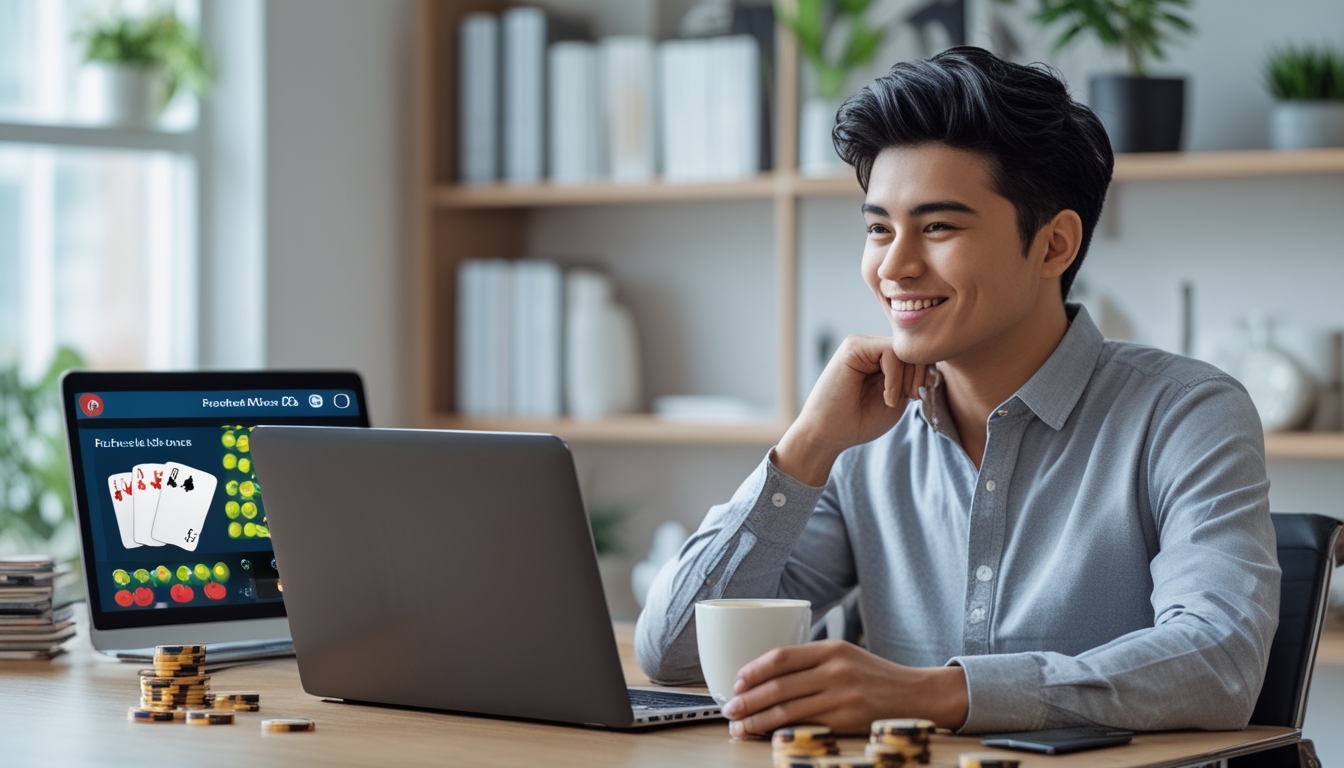 Seseorang duduk di meja kerja menggunakan laptop dengan tampilan permainan poker dan chip di sekitar, menunjukkan suasana sukses bermain poker online.