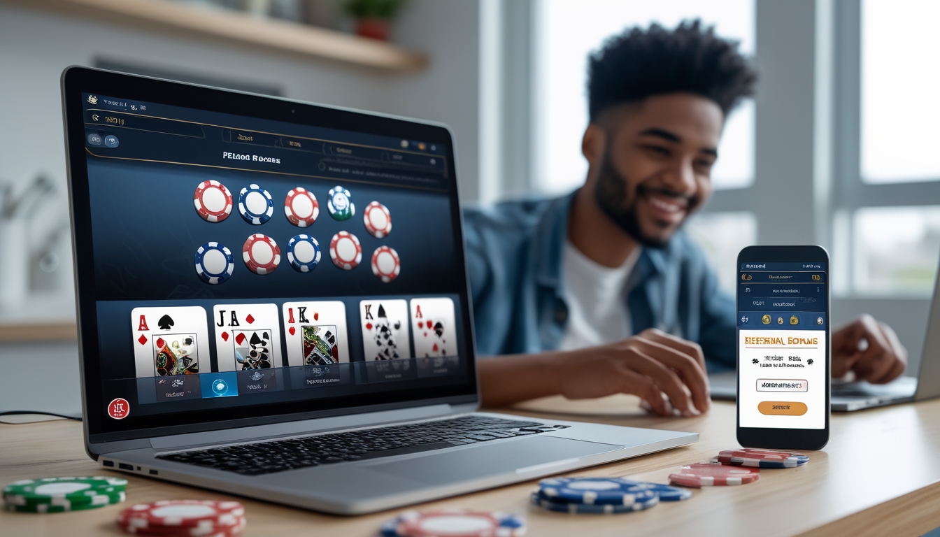 Seorang dewasa muda tersenyum di depan laptop dan ponsel yang menampilkan permainan poker dan notifikasi bonus referral.