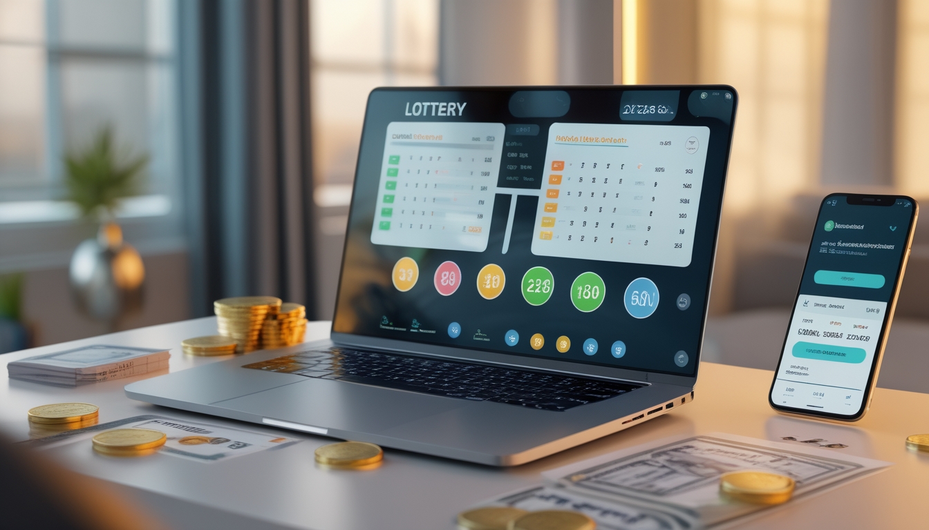 Seorang pengguna duduk di depan komputer dengan layar menampilkan angka lotre dan grafik, di meja terdapat tiket lotre dan ponsel, suasana terlihat profesional dan terpercaya.