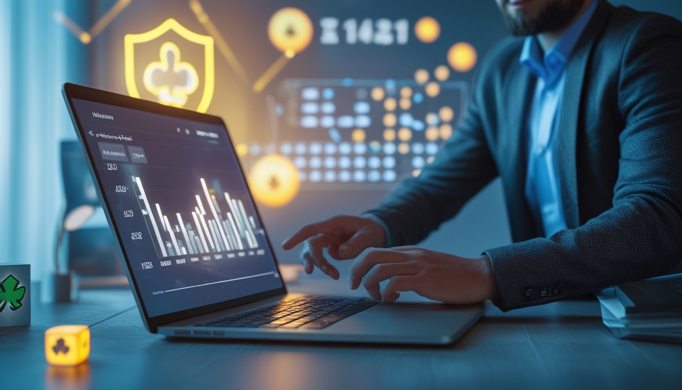 Seorang pengguna sedang berinteraksi dengan laptop di meja kerja yang rapi, menampilkan antarmuka platform togel online yang terpercaya dan peluang menang tinggi.