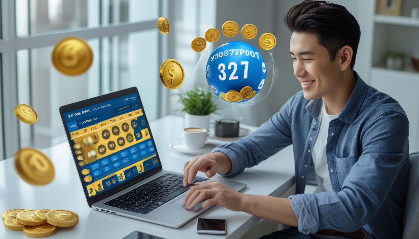 Seorang pria muda sedang duduk di meja dengan laptop, tampak fokus dan bersemangat bermain lotere online dengan koin emas dan bola lotere di sekitarnya.
