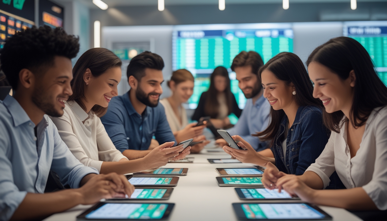 Sekelompok orang bermain permainan togel menggunakan perangkat digital di ruangan modern dengan suasana antusias dan fokus.