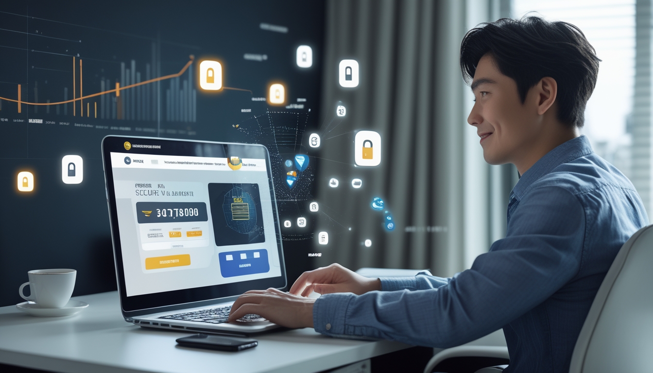 Seorang pria muda duduk di meja dengan laptop, terlihat fokus dan percaya diri menggunakan situs togel online yang aman.