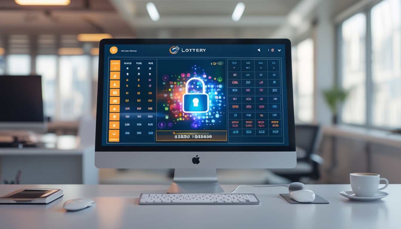 Suasana ruang kerja modern dengan komputer menampilkan angka togel dan ikon keamanan, menggambarkan platform togel online yang aman dan lengkap.
