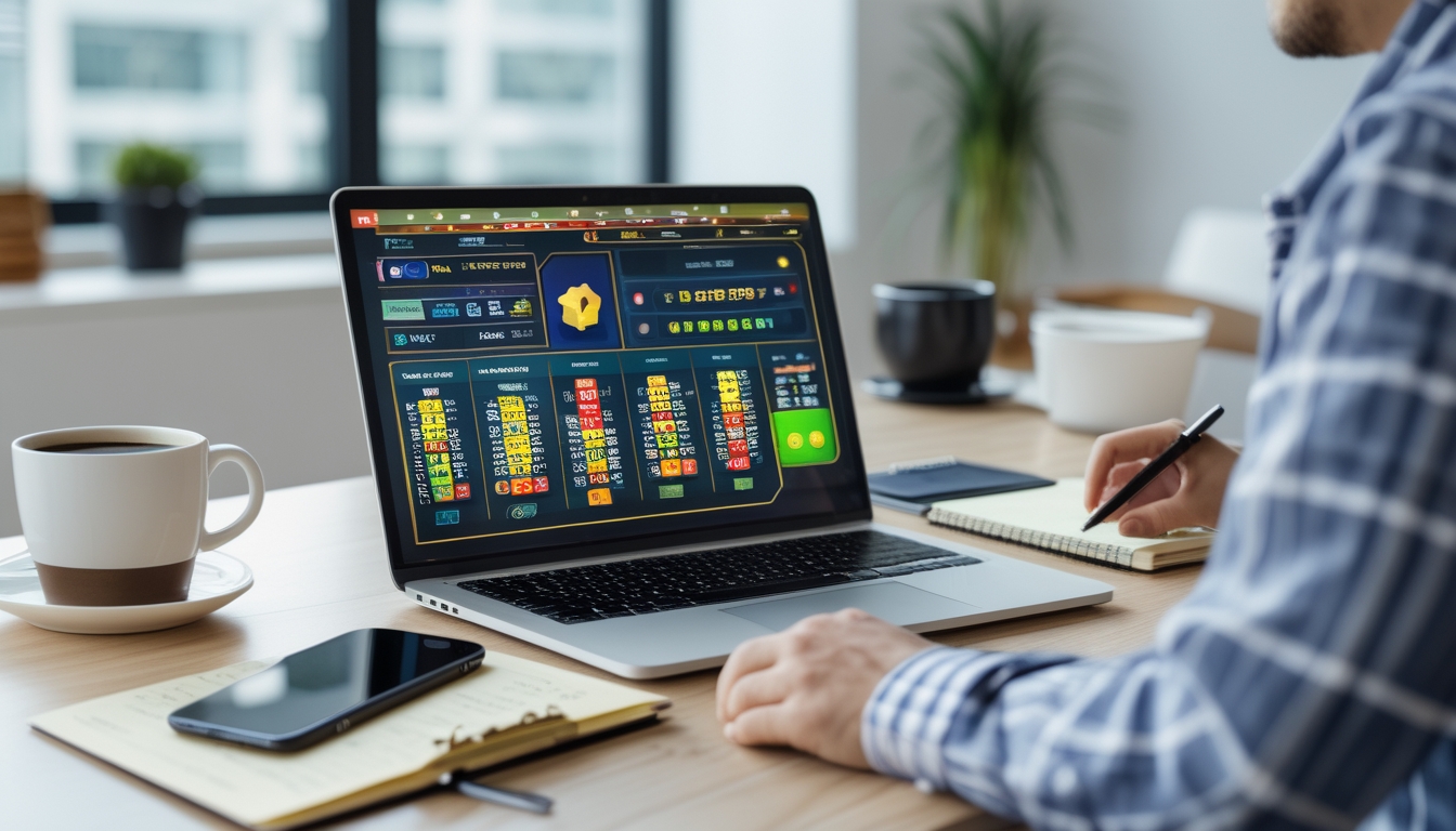 Seorang pria duduk di depan laptop dengan tampilan angka dan grafik lotere online, di meja terdapat smartphone, cangkir kopi, dan catatan dengan pena dalam ruangan kantor yang terang.
