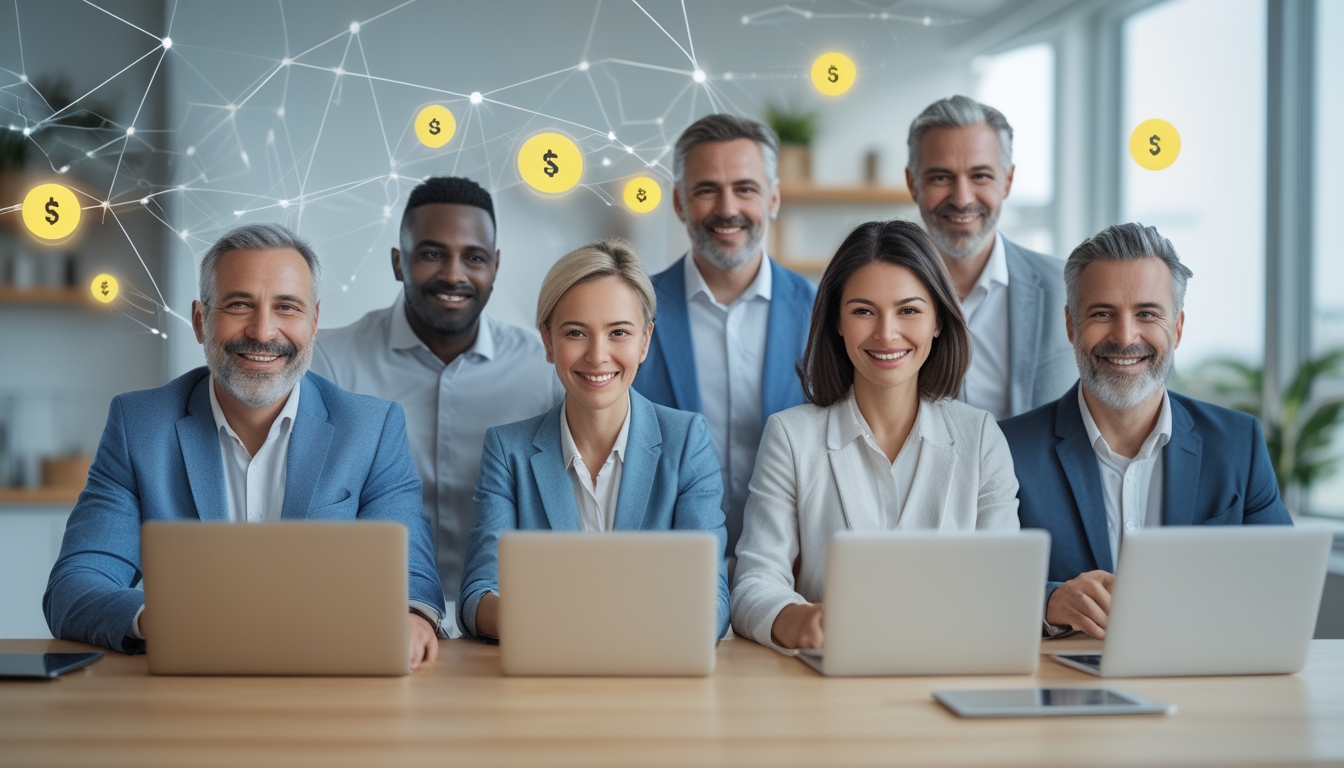 Beberapa orang yang bahagia menggunakan perangkat digital di ruang modern yang cerah, menunjukkan pengalaman bermain togel online yang cepat dan aman.