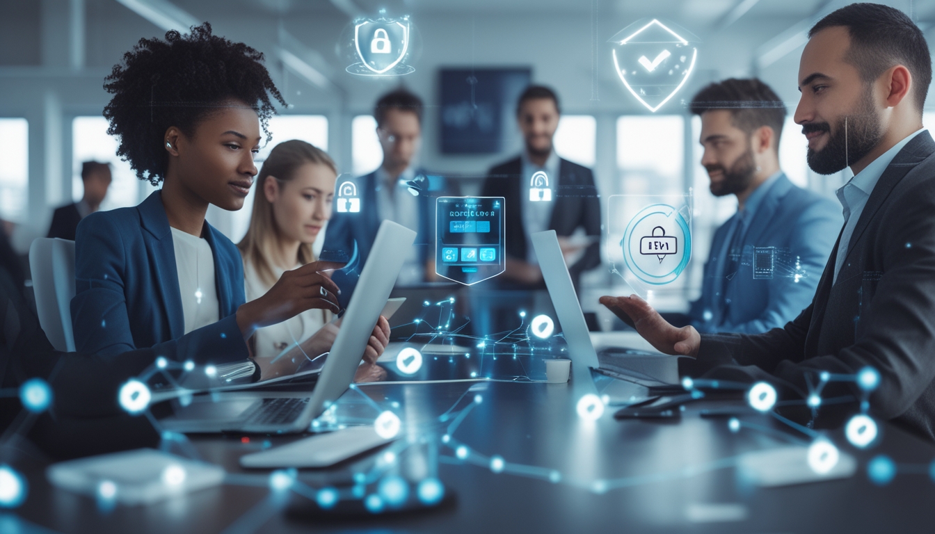 Orang-orang menggunakan perangkat elektronik di kantor modern dengan ikon keamanan digital di latar belakang, menggambarkan platform togel online yang aman dan transparan.