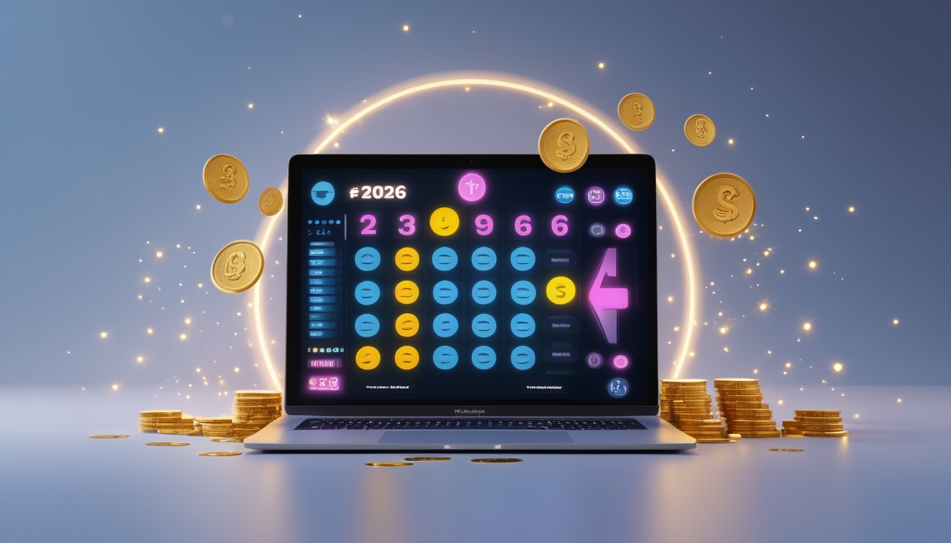 Seorang pengguna sedang melihat layar laptop yang menampilkan antarmuka lotere online dengan angka dan simbol jackpot yang berwarna-warni, dikelilingi oleh koin emas dan efek cahaya yang menggambarkan peluang menang besar.