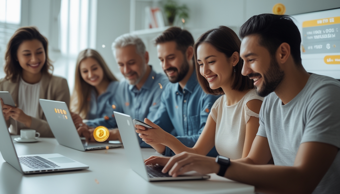 Beberapa orang menggunakan perangkat digital di ruangan modern, terlihat fokus dan antusias mengikuti permainan togel online.