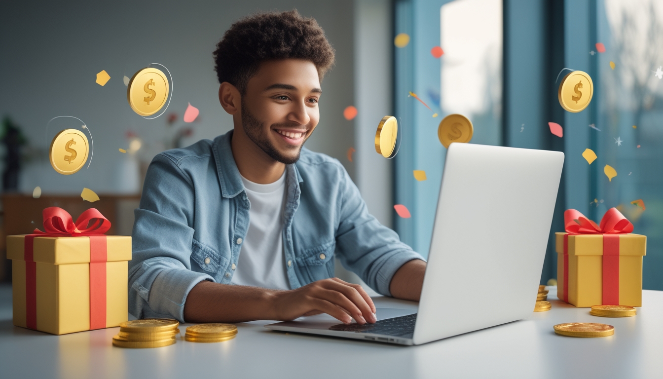 Seorang dewasa muda sedang duduk di meja dengan laptop, terlihat senang saat mendaftar di platform permainan online dengan latar belakang hadiah dan dekorasi perayaan.