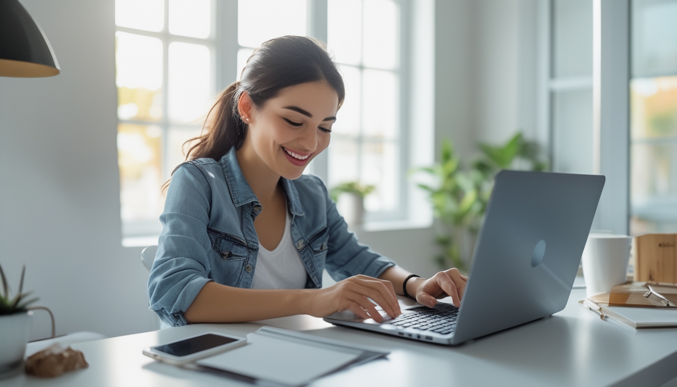 Seorang wanita muda sedang mendaftar akun di laptop dengan ekspresi senang di meja kerja yang terang dan rapi.