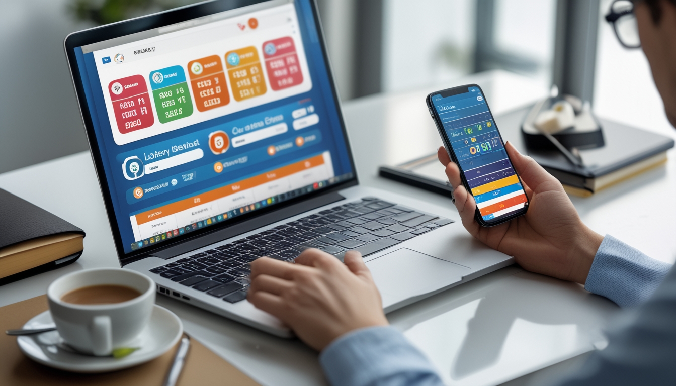 Seorang pria menggunakan laptop dan ponsel di meja kerja yang rapi dengan layar menampilkan antarmuka taruhan togel online.
