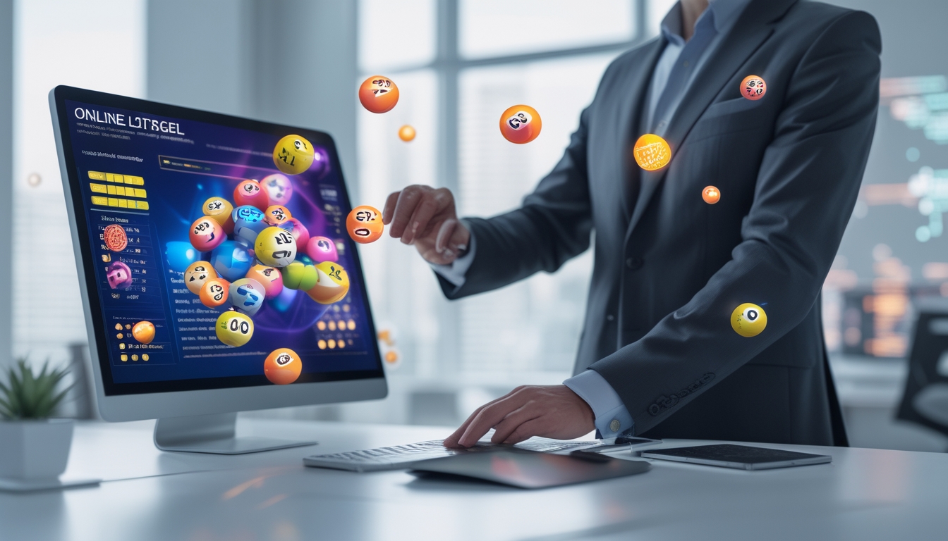 Seseorang menggunakan laptop di meja dengan bola togel berwarna-warni dan angka digital mengambang di sekitar layar, di dalam ruangan kantor modern.