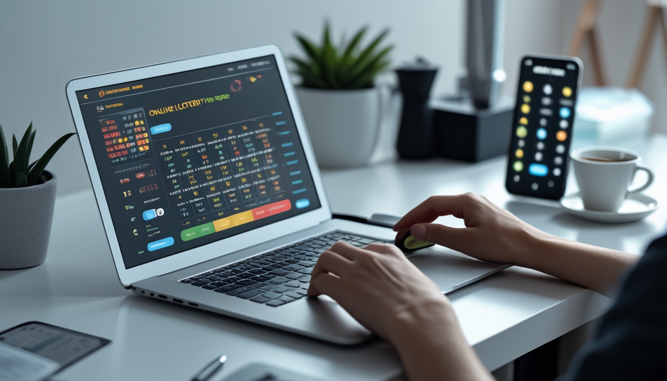 Seseorang menggunakan laptop dan smartphone di meja kerja yang rapi, menampilkan antarmuka permainan togel online dengan angka dan grafik.