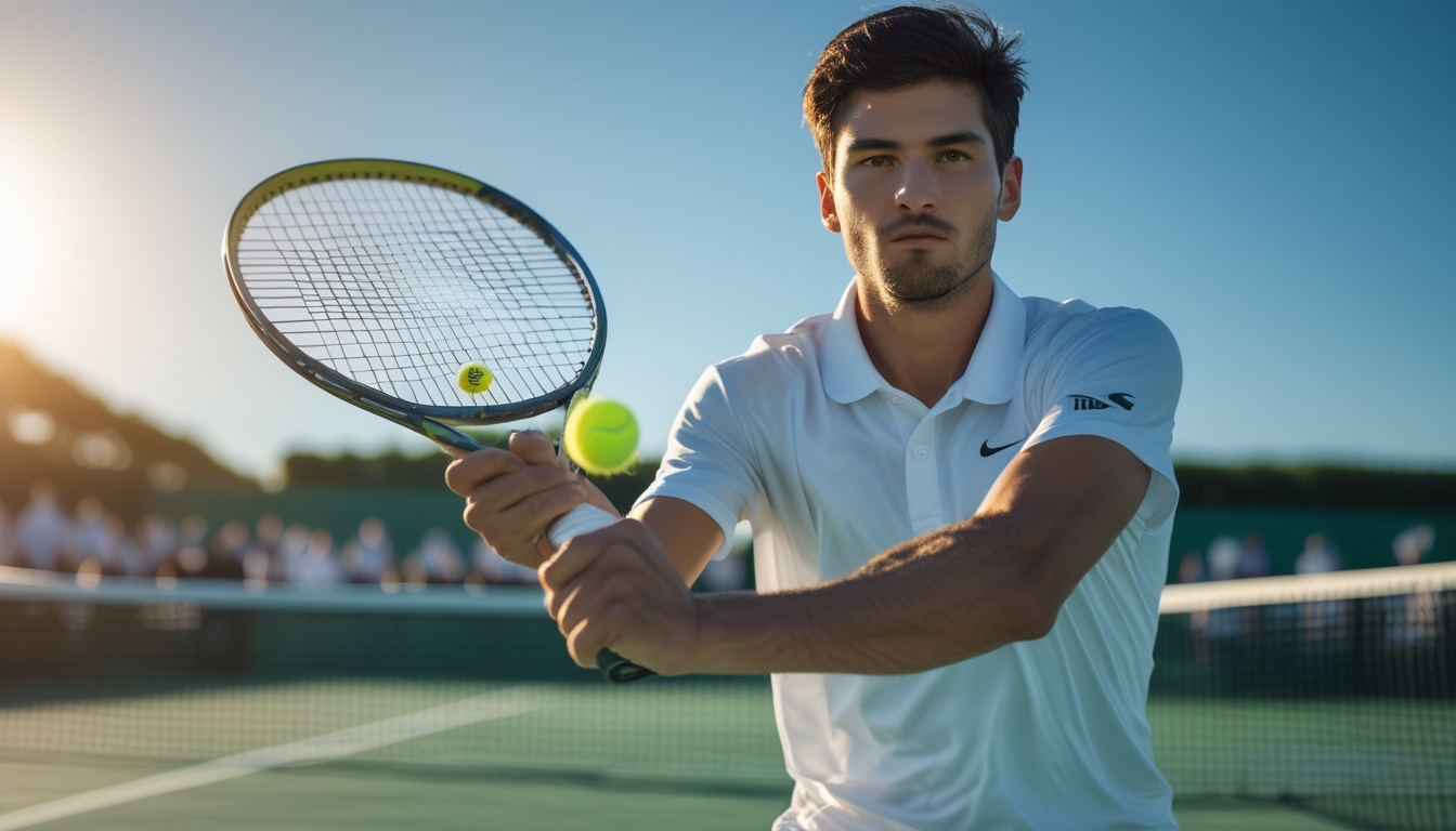 Seorang pemain tenis pria sedang bersiap memukul bola di lapangan tenis outdoor dengan langit cerah.