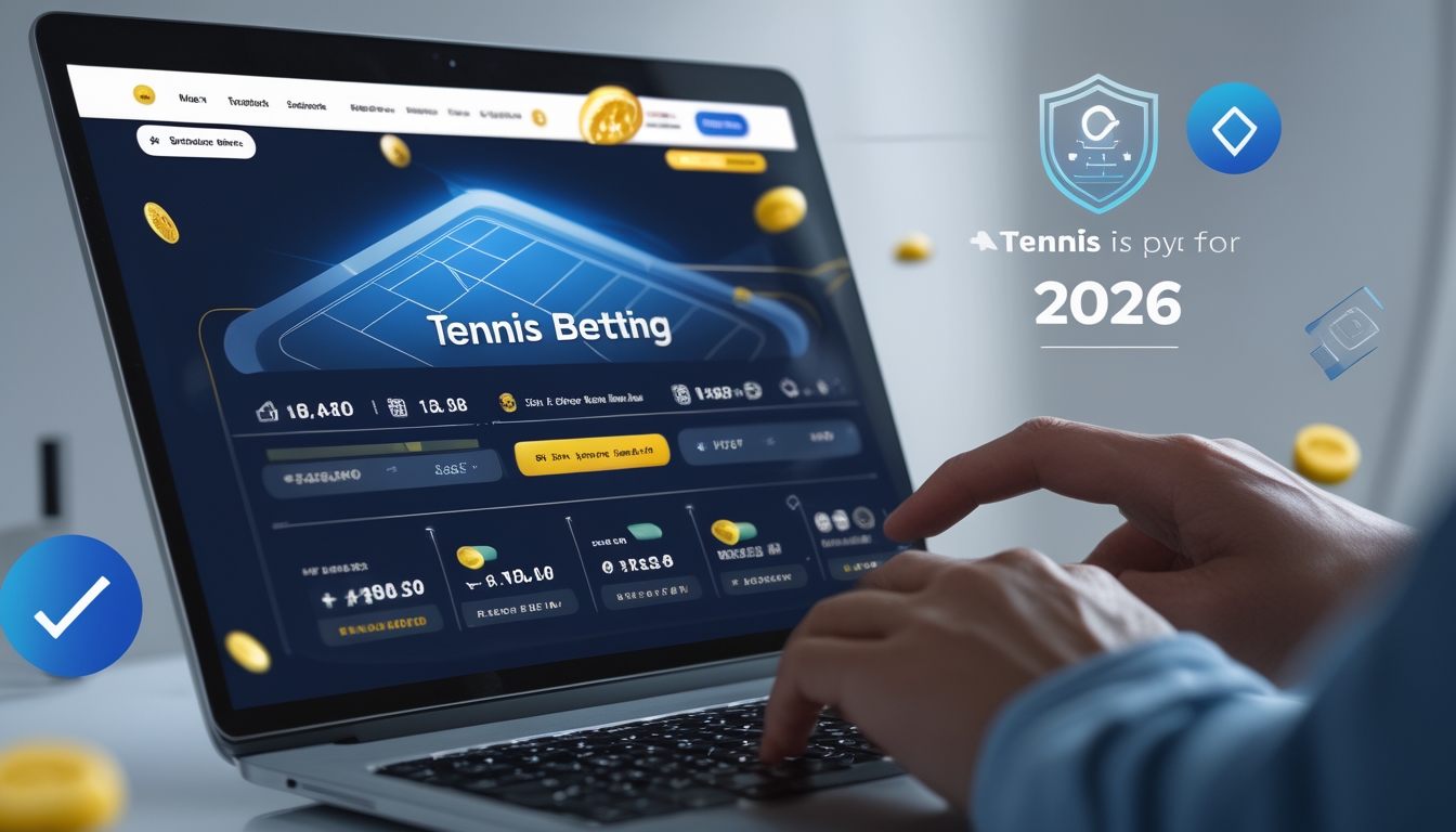 Seseorang menggunakan laptop dengan tampilan situs taruhan tenis yang modern dan terpercaya, menunjukkan suasana profesional dan teknologi canggih.