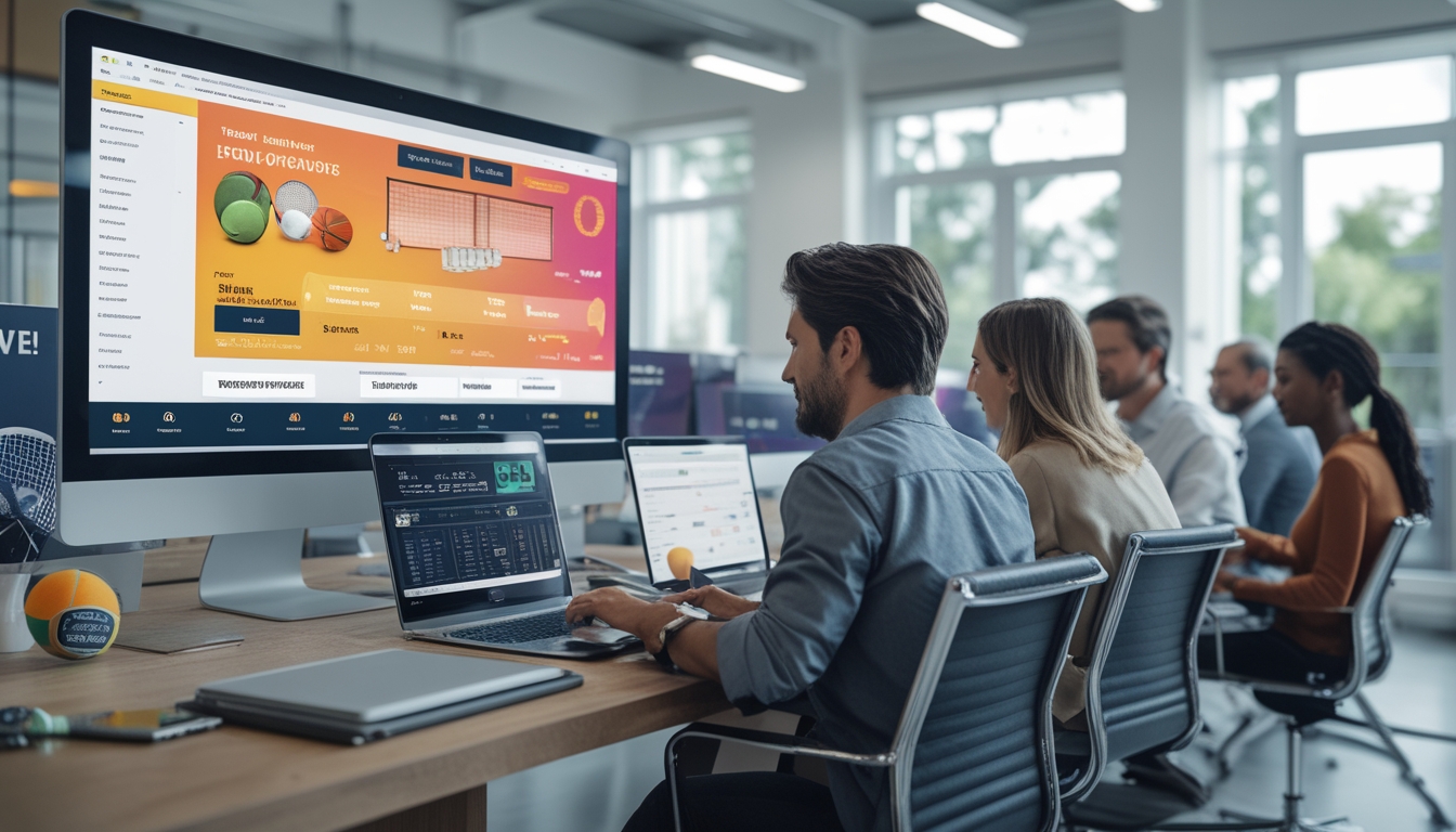 Orang-orang menggunakan perangkat digital di kantor dengan layar yang menampilkan platform taruhan tenis dan statistik pertandingan.