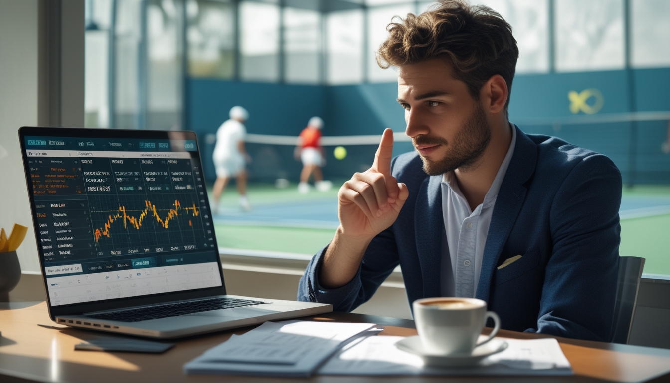 Seseorang sedang menganalisis strategi taruhan tenis di depan laptop dengan lapangan tenis terlihat di latar belakang.