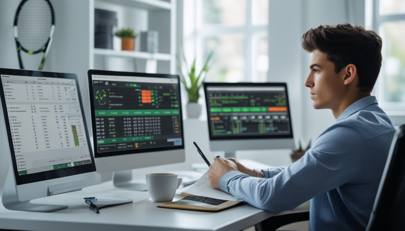 Seorang pria muda duduk di meja dengan beberapa layar digital menampilkan statistik tenis dan grafik keuangan, sedang mencatat dengan fokus di ruang kerja yang terang.