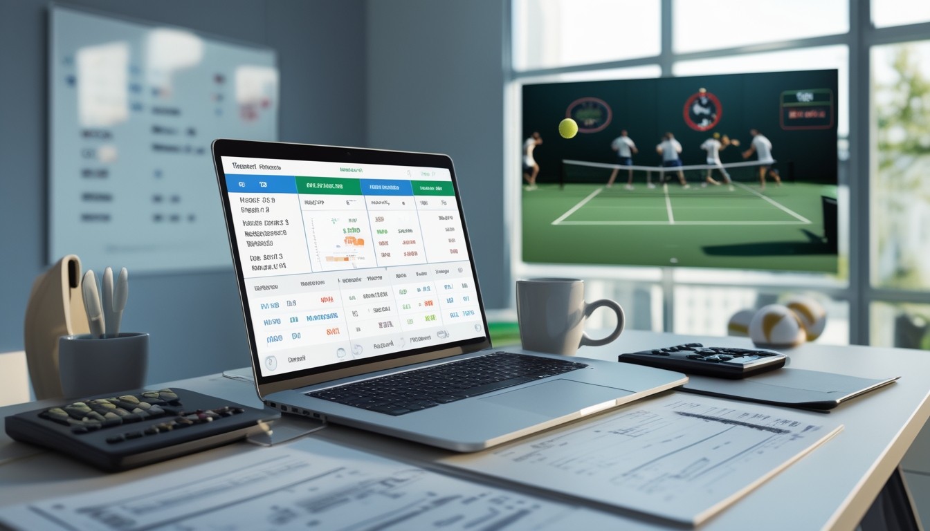 Meja kerja dengan laptop yang menampilkan statistik pertandingan tenis dan peluang taruhan, dokumen keuangan, kalkulator, dan layar besar yang menayangkan pertandingan tenis langsung.