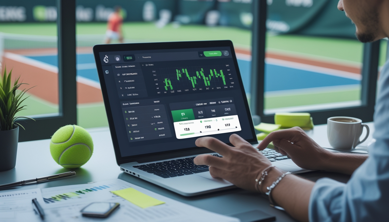 Seseorang menggunakan laptop dan ponsel di meja kerja dengan latar belakang lapangan tenis dan pemain sedang melakukan servis.