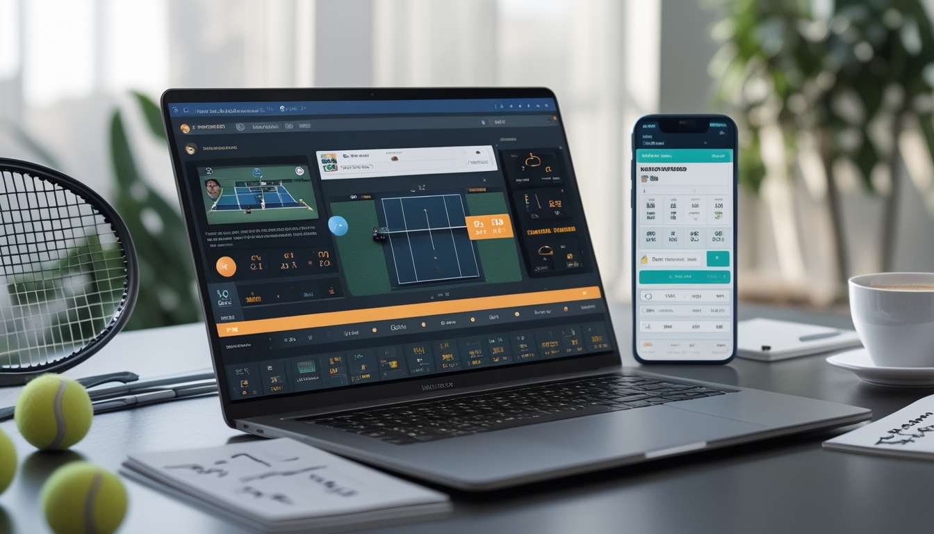 Seorang pria duduk di depan laptop dengan layar pertandingan tenis dan ponsel yang menampilkan peluang taruhan, di meja terdapat bola tenis dan raket, suasana fokus dan serius.